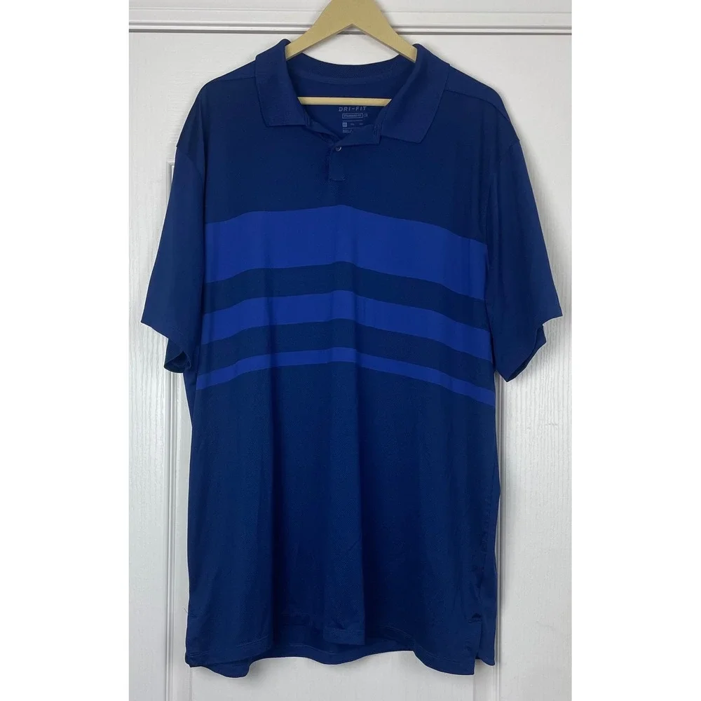 Nike Dri-Fit Mens XXL Blue Striped Short Sleeve Golf Polo Shirt Standard Fit EUC